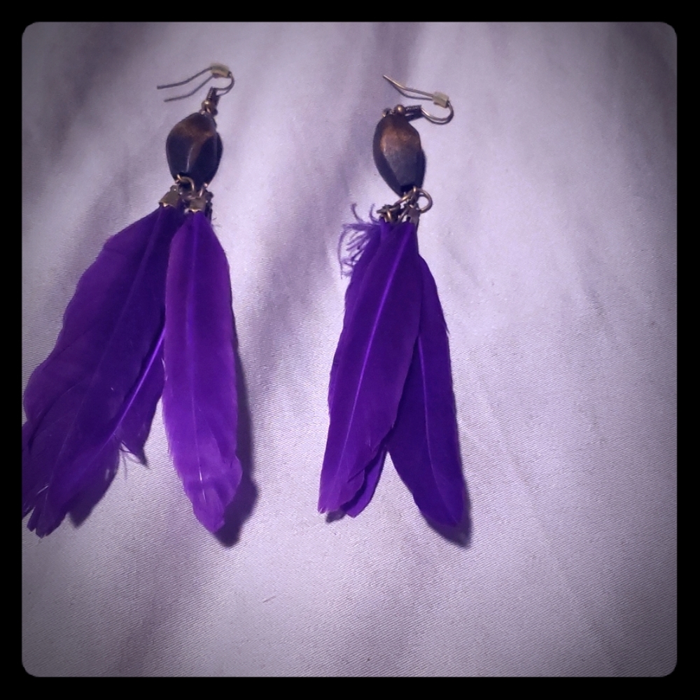 Purple feather earrings